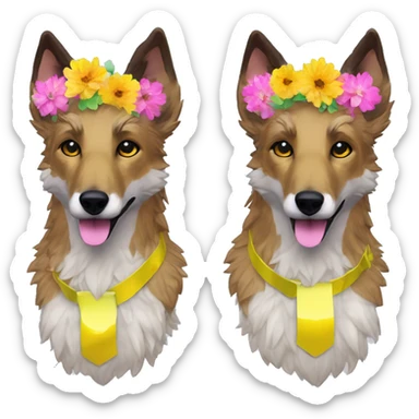  brindle fluffy lurcher Alsatian fox running blue eyes fluffy ears and iridescent holographic oilslick harness wearing paper flower crown yellow caution tape neon sign sticker