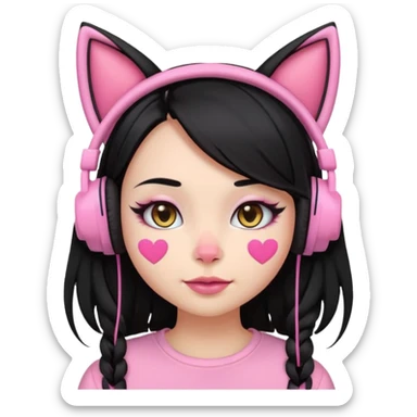 “Emoji girl, pastel pink streaks in thick long black hair hair, bold winged eyeliner, heavy blush on cheeks and nose bridge, under-eye hearts, glossy pink lips, playful smirk and gaming headphones and cat ears.” sticker