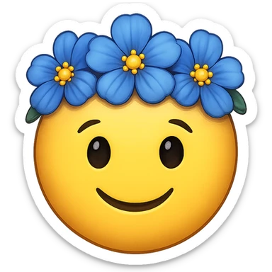 yellow face with blue flower crown emoji, digital illustration, remove background sticker