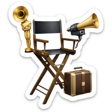 Professional icon for Directing: a collage featuring a director's chair, a film camera, a megaphone and an Oscar trophy. The icon should represent the craft and creativity of film directing, with emphasis on leadership and cinematic artistry. Transparent background. sticker