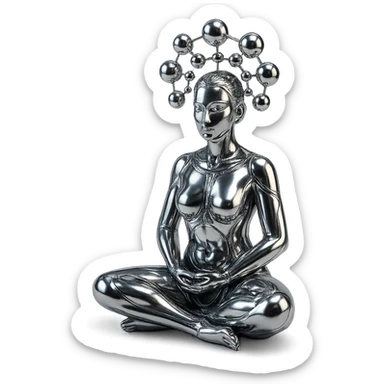stylized chrome statue of a woman meditating, with a network of chrome orbs suspended above her, futuristic and polished sticker