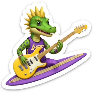 Crocodile with a Mohawk, wearing a Lakers jersey while playing the guitar while surfing  sticker