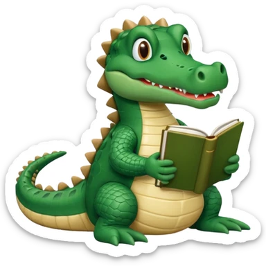 A claymation-style academic alligator with a book. The background is a solid white circle sticker