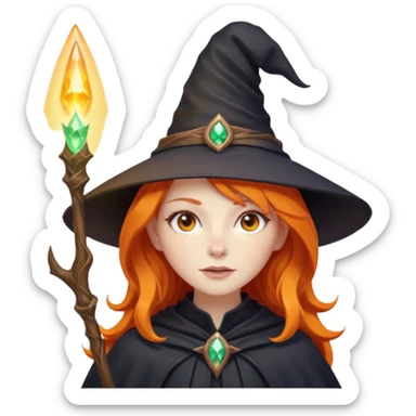 ginger witch with bright orange hair, pointy hat, and magical aura sticker