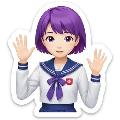 Anime girl with short bright purple hair wearing Japanese sailor style school uniform, composed posture with hand on hip but shyly waving with other hand, blushing face and timid smile sticker