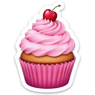 cupcake with pink icing, cherry on top, smiling face sticker