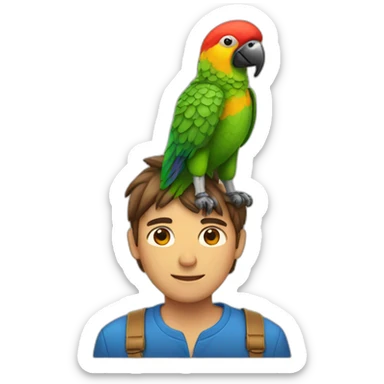 a A man with a parrot on his head and also a dog sticker