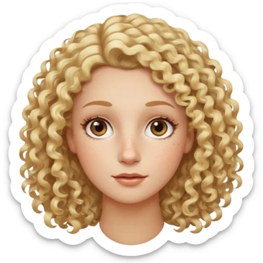 Blond curly hair white women, oval shape face hazel eyes long lashes little bit of freckles high cheek bones sticker
