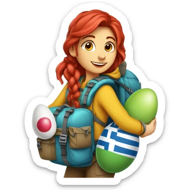 Female winter mountain climber red loose hair climbing with Greek flag on backpack and holding Easter eggs basket sticker