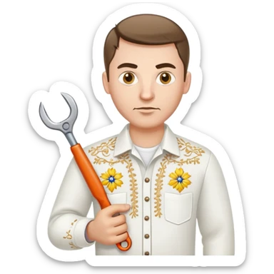 Ukrainian man in white embroidered traditional shirt holding a wrench in one hand and scissors in other hand sticker
