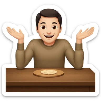 A man is laughing with his head siting on the table and his both hands are knocking the table sticker