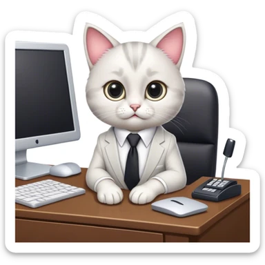 A cute cartoon cat with big, expressive eyes, wearing a tiny business suit and tie, sitting at a miniature desk with a computer, looking focused and adorable sticker