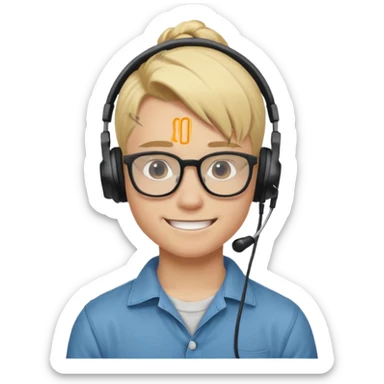 blond hair teen boy pony tail undercut with tattoo on his neck, wearing glasses, strong built, smile warmly with headphone sticker