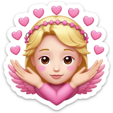 Hugging face emoji with pink hearts halo above head sticker