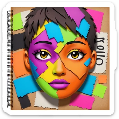 Colourful dark neon graffiti scribble scrapbook patchwork Person face portrait made entirely of multicoloured torn up magazines sticker