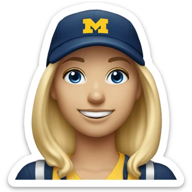 Blonde girl with blue eyes smiling wearing University of Michigan ball cap sticker