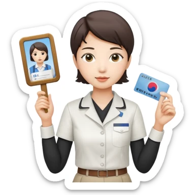 A Korean short-haired female tour guide is wearing a white shirt and holding her guide license in one hand, which is a horizontal card. sticker