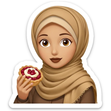 a woman wearing a pashmina hijab is eating sticker