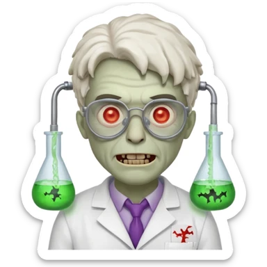 mad experiment zombie scientist portrait, head and shoulders only, exposed brain glow, broken glasses, evil grin, horror lab vibe, 3D cartoon, mobile game icon style, clean background, no text, no watermark
 sticker