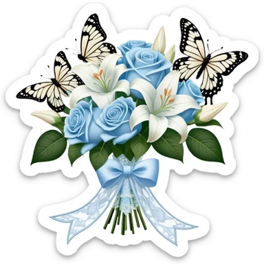A classic bouquet of pale blue roses, delicate white lilies, and trailing jasmine, tied together with an embroidered ivory ribbon. A butterfly with lace-like wings hovers nearby, casting a soft, intricate shadow over the bouquet. sticker