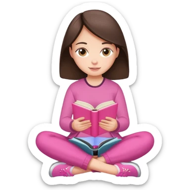 brunette reading a pink book sitting cross-legged sticker