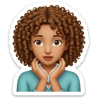 A brown girl with curly hair holding her neck with both hands. sticker