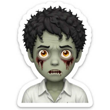 Boy, zombie, black hair, curly hair with white tips, shaggy, dark, spooky, creepy expression, white shirt sticker