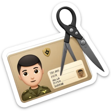 Floating black Scissors cutting in half an idf soldier ID card with a little chip in 2 parts sticker