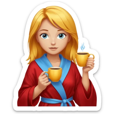 lightly tanned skin, blue eyes, cute and sexy girl with bright yellow-brown hair in a few shades of red robe, golden rings, slight cute makeup, full body, slightly turned aside pose, holding a coffee mug sticker