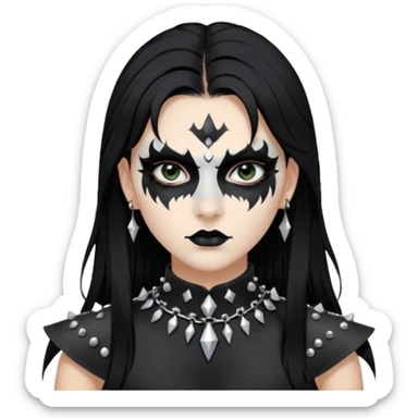 Crea una ragazza con stile black metal,  paint face black metal, capelli neri mossi dalle spalle e occhi bianchi e un collare con borchie a punta sticker