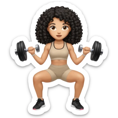Mixed-race woman with caramel skin, black curly hair, wearing beige activewear, doing light dumbbell curls sticker