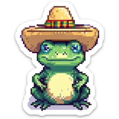 Mexican frog with a sombrero, pixel art style sticker