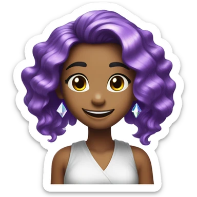one girl with purple diamond head, she is feeling happy and elated and excited, make her hair shiny with prisms and angles and edges, now make her hair crystallized, make her hair only crystals no real hair please, only crystallized hair sticker