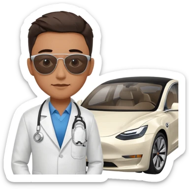 White tesla model 3 with a cool physician with sunglasses next to it sticker