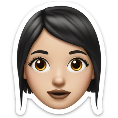 Hyperrealistic white girl with long black hair with a pink fringe and has eye makeup on, she is wearing a black and leopard print hoodie  sticker