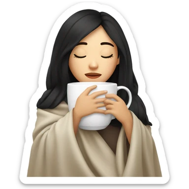 Asian girl inside a blanket sipping coffee eyes closed black hair sticker