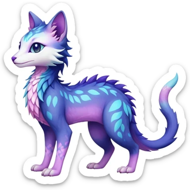 Kawaii dark blue indigo cyan purple violet pink beige white fantasy ethereal feline-vernid-sergal-fursona animal creature with a tufted tail full body with intricate markings sticker