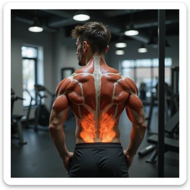 Italian man in gym in front of mirror, doing abdominal exercises; anatomical overlay showing involved muscles and fat reduction, realistic style, vertical 9:16 aspect ratio sticker