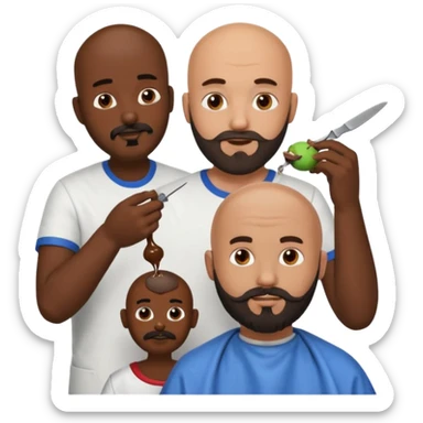 A bald man with a dark brown beard cutting someone’s hair at a barber shop and the other guy is eating a poop ball and the poop ball has eyes sticker
