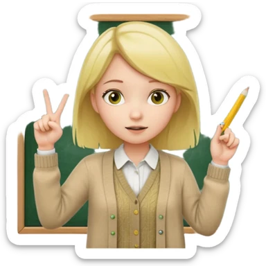 a girl with the same face as the reference image, behind a green chalkboard with math equations, wearing a beige cardigan over a white collared shirt, holding a yellow straight ruler and pointing at the chalkboard, in a teaching pose sticker