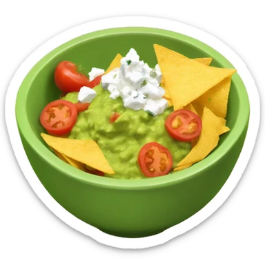 A bowl with gucamole, tomato pieces in it , feta cheese, with nachos and a bottle of coke  sticker