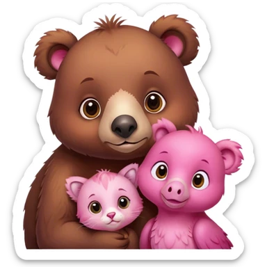 A cute brown bear and a realistic cute pink dodo closely together. They brought a brown kitten sticker
