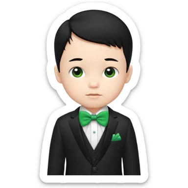 baby boy black hair white skin in suit, with green bow sticker