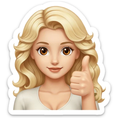 Luxury blonde model, brown eyes, wavy hair, thumbs up sticker