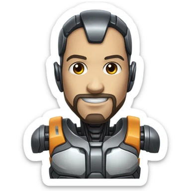 muscular half cyborg face half human with short straight, dark hair, hardhat, and a neatly trimmed beard sticker