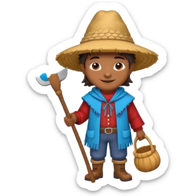 3D emoji style illustration of a Peruvian Andean farmer, wearing traditional chullo hat and poncho, holding a hoe, smiling, mountains in background, bright natural colors, bold outlines, glossy sticker style, transparent background sticker