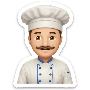 Est-ce que tu peux me faire un chef cuistot qui ressemble à Philippe Etchebest et qui est devant un restaurant? Est-ce que tu peux le faire souriant, avec une moustache de cuistot? 
 sticker