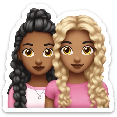 two teenage aesthetic  Latina best friends wearing pink. Long hair. One curly hair and one straight hair. Boujie classy outfits sticker