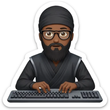 Man with black hair and beard wearing glasses in a ninja costume. Keep the top left version, make the beard longer and add a computer keyboard  sticker