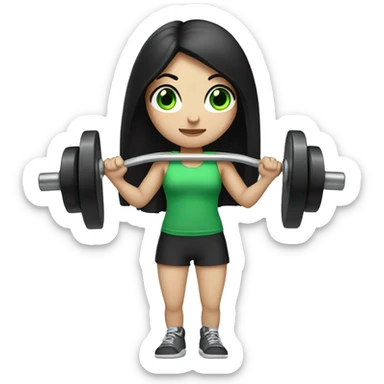 Pale girl with long black hair and green eyes lifting weights sticker